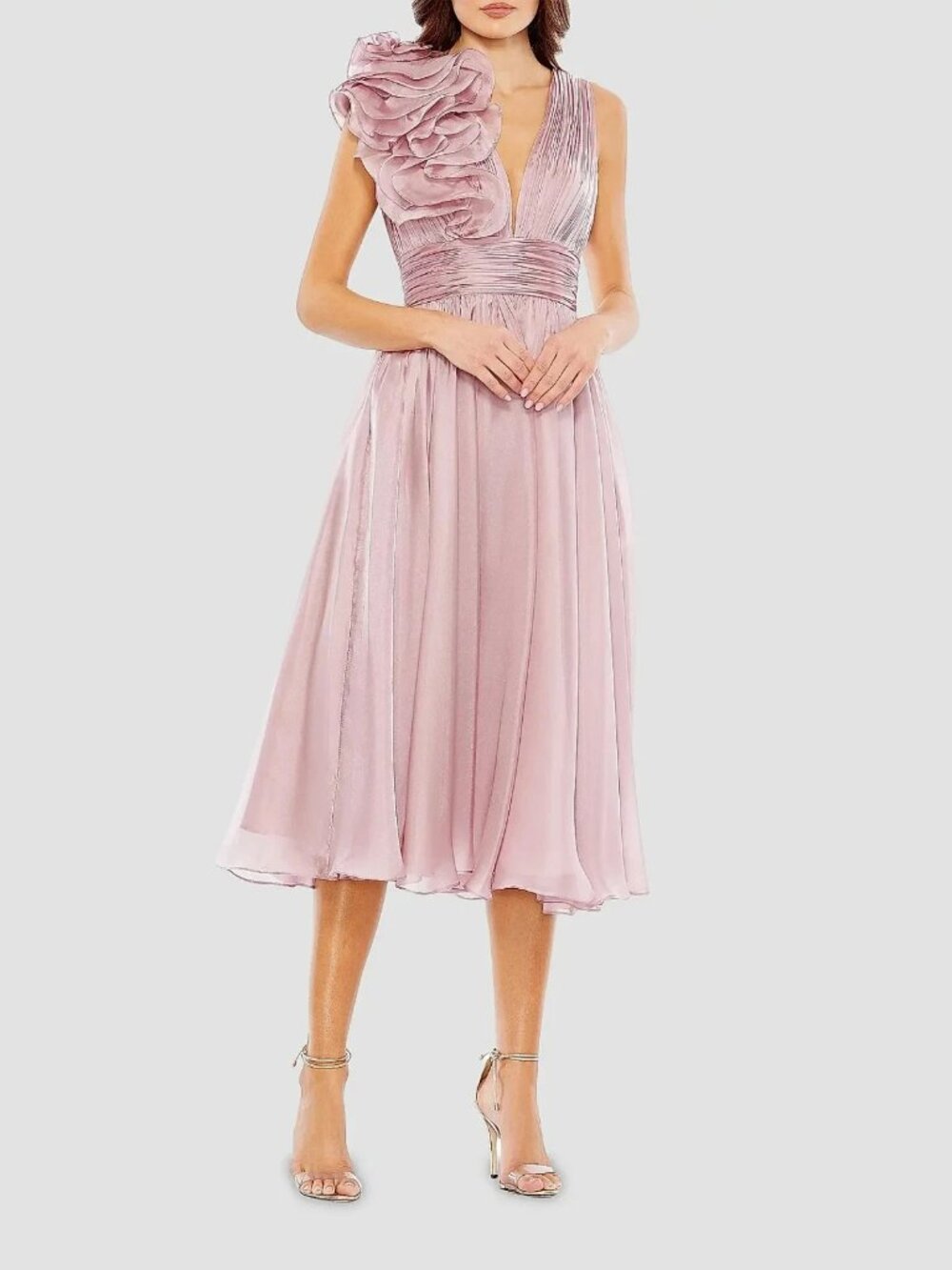 Mac Duggal Rose Pink Chiffon Sleeveless Fit & Flare Midi-Dress